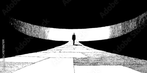 Silhouette of lone figure walking through abstract corridor