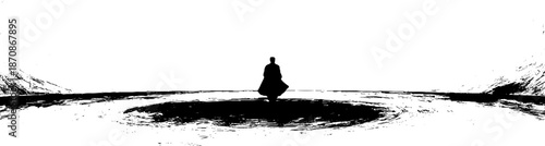 Silhouette of individual in abstract black and white landscape