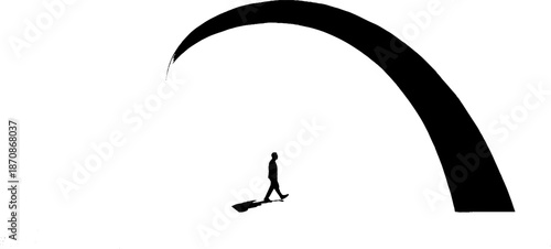 Silhouette of lone figure under bold arch in minimalist black and white scene