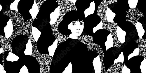 Monochrome illustration of young female amidst silhouette crowd