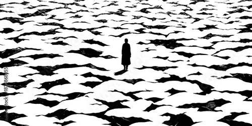 Silhouette of lone figure on abstract black and white landscape