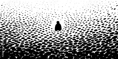 Abstract silhouette of lone figure amidst stylized black petals