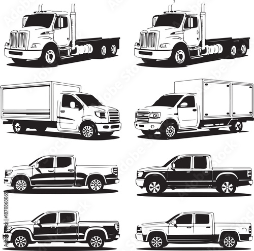 set of semi trucks and pick up trucks in black and white
