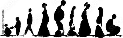 Evolution of human silhouette from child to elderly in black and white