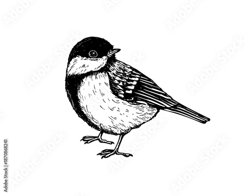 Great tit standing on surface with its head turned to the side vector isolated illustration. Hand drawn passerine bird painted by black inks. Titmouse bird graphic sketch