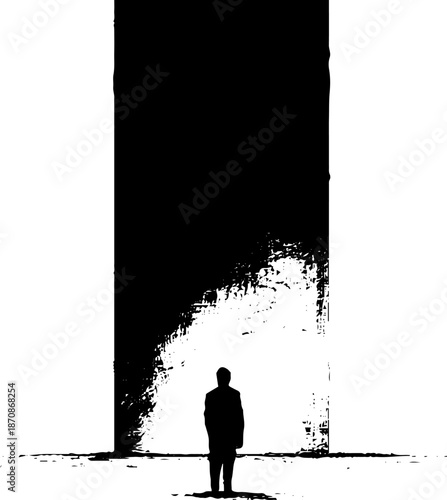 Silhouette of solitary male figure contemplating vast abstract monochrome wall
