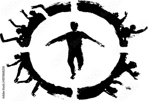 Silhouette of diverse dancing figures in circular motion