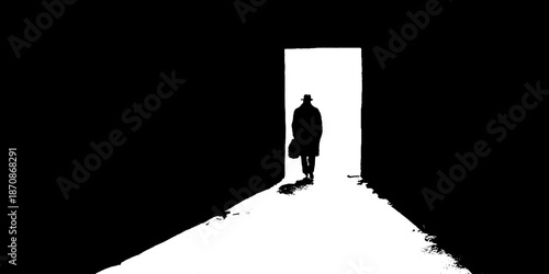 Silhouette of a man exiting dark hallway into light