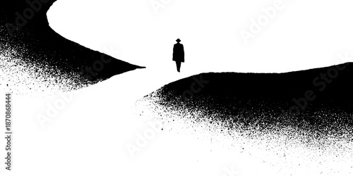 Silhouette of lone figure on abstract curved path in high-contrast black and white