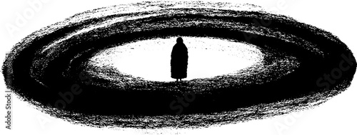 Silhouette of lone figure in monochrome swirling vortex illustration