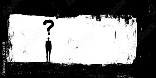 Silhouette of person with question mark in abstract black and white art