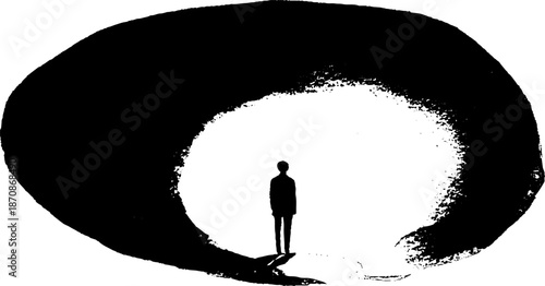 Silhouette of a person standing in a vast abstract tunnel