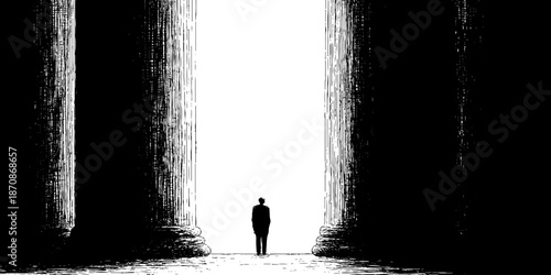 Silhouette of man standing between massive stone columns in monochrome setting