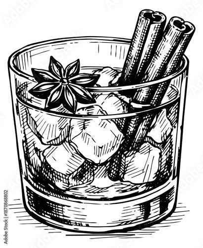 Hand drawn line art illustration of a spiced cocktail depicting ice cubes, cinnamon sticks, and star anise for a beverage menu