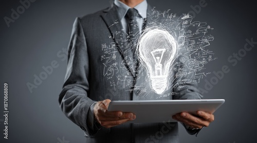 Businessman holding tablet with glowing lightbulb innovation concept.