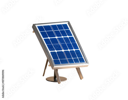Small, portable solar panel on a metallic stand, angled