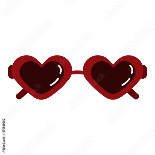 Flat vector illustration of dark red heart shaped sunglasses, ideal for Valentine's Day, romantic summer fashion, and cute accessory graphic designs isolated on white background.