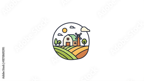 Charming Flat Icon Representing a Rural Farm Landscape with a Windmill and House