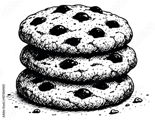 Hand drawn line art illustration of a stack of chocolate chip cookies depicting a sweet snack for menus and recipes