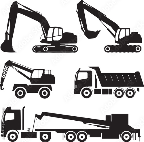 Silhouette of various construction vehicles and heavy machinery icons