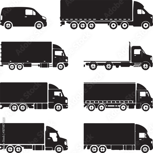 black silhouettes of various trucks and van on white background