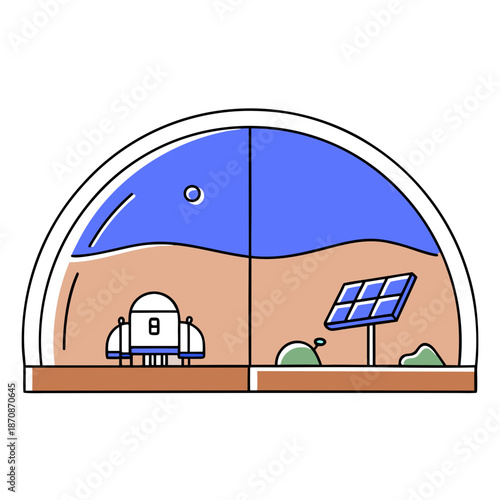 Futuristic space habitat with solar panels and spacecraft on Mars  