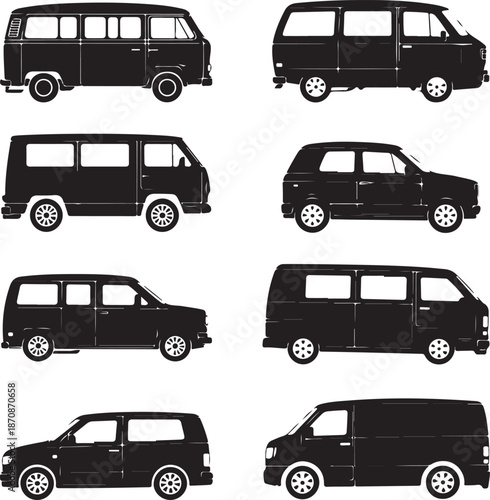 collection of black van and minivan silhouettes on white background