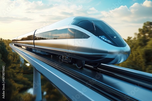 Sleek high-speed train gliding along elevated tracks in a lush landscape during golden hour