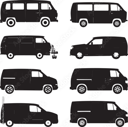 black silhouettes of various vans on white background
