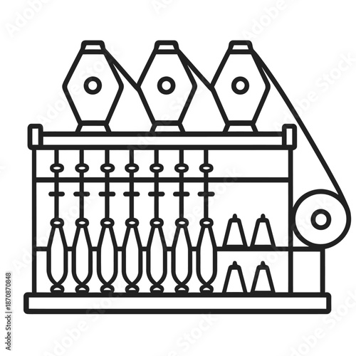 Vintage textile manufacturing machine icon depicting a classic multi-spindle yarn spinning apparatus with bobbins, spindles, and a belt-driven mechanism, representing industrial revolution era textile