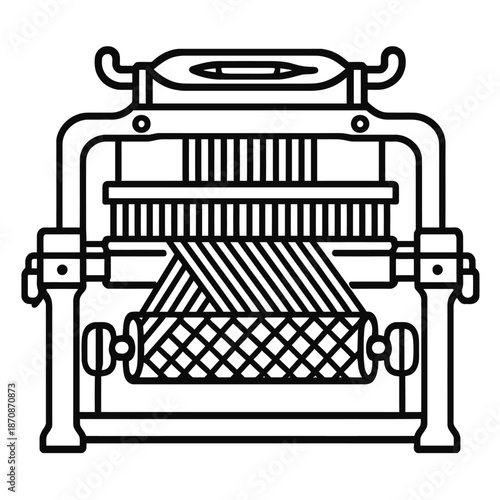Detailed line art illustration of a traditional weaving loom, showcasing the intricate textile production process for fabric manufacturing.