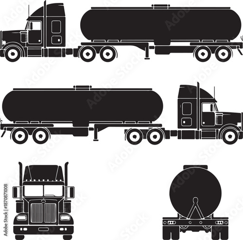 Silhouette of various tanker truck views on white background