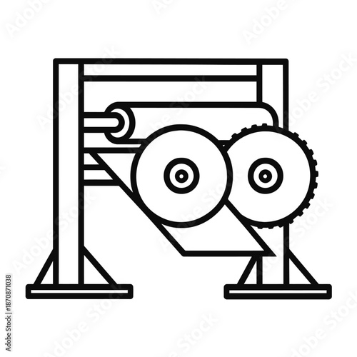 Industrial Winding and Unwinding Machine Icon: Modern Vector Illustration of a Factory Production Line System with Material Rollers, Gears, and Continuous Conveyance for Textile, Paper, Film