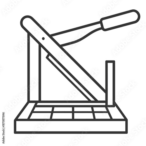 Dark grey embossed paper cutter guillotine icon. Manual precision trimmer for office, craft, and industrial use. Accurately cuts documents, photos, and cardstock with clean lines.