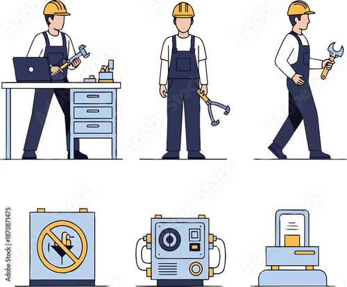 Illustration of industrial workers and various machinery, including a technician with a laptop, a worker holding tools, and different types of equipment.