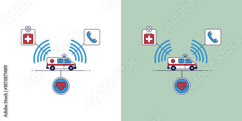 Ambulance communicating with emergency services via wireless signals on a simple background