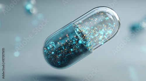 futuristic medical capsule with glowing microchips, digital biotech health concept, transparent pill with electronic components and neon lights