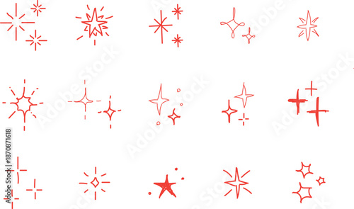 collection of illustrations featuring various red star and sparkle icons. These vector elements are designed to represent glitter, shine, or light flashes, often used as decorative elements or stock i