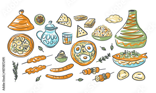 Moroccan cuisine. Hand drawn Middle Eastern and Mediterranean food illustration. Traditional dishes, snacks, drinks, spices and ingredients. For restaurant, menu, packaging, culinary blogs, recipes