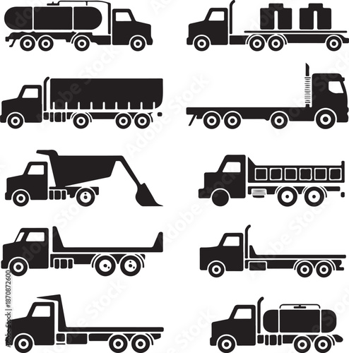Various types of trucks and trailers for transportation and hauling purposes