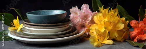 Colorful floral arrangement with ceramic plates and bowls on dark background