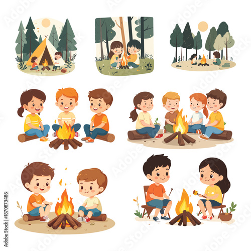 Vector illustration set of a smiling boy and kids with a book having fun in the garden and park, featuring a collection of cute character icons for school and family design