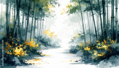 奥へ続く竹林小道の和墨絵婚礼背景