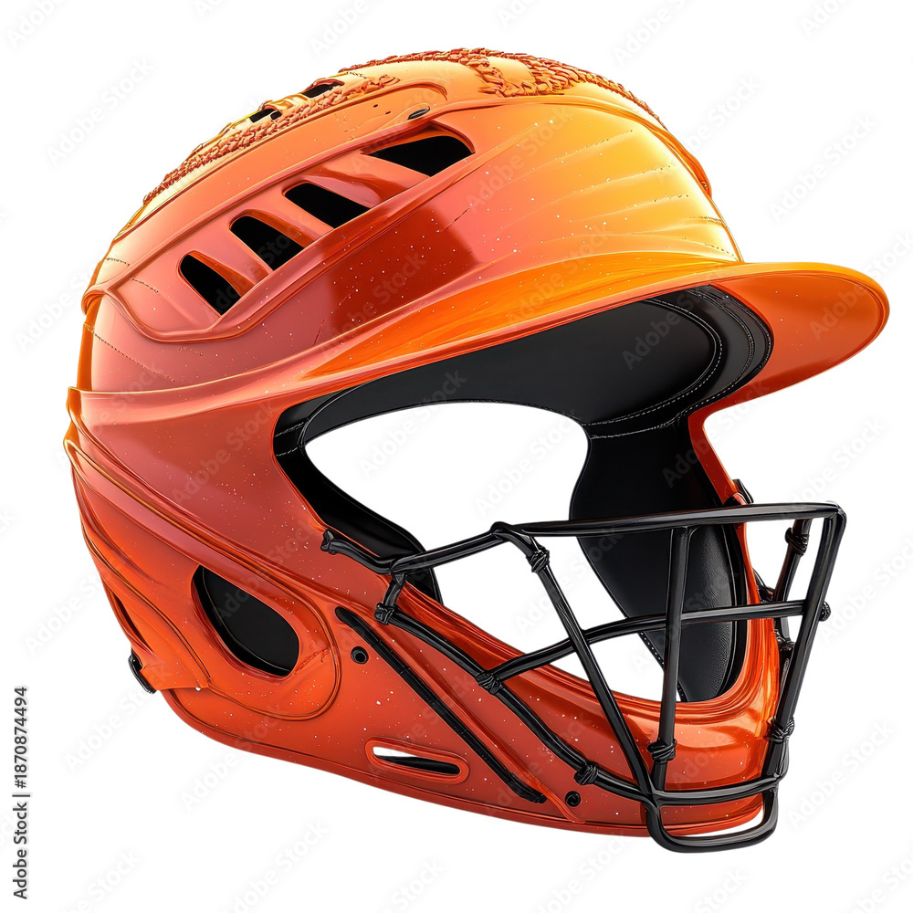 Fototapeta premium Baseball Catcher Helmet in Vibrant Orange with Black Face Mask in Studio Lighting on Isolated White Background for Sports Equipment isolated on transparent background