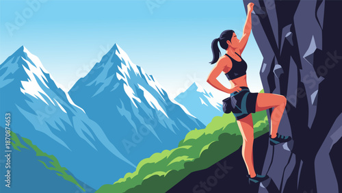 Vibrant vector illustration of a woman rock climbing against a majestic mountain backdrop
