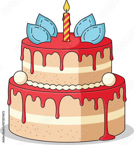 Two tier birthday cake vector with red dripping glaze blue leaf decorations and one burning candle for celebration party.