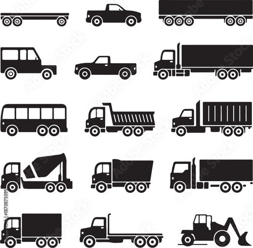 collection of various types of trucks and vehicles