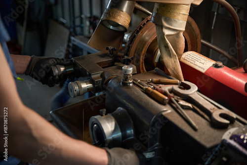 Service tools and car parts on a workbench