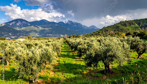 Olive Grove Landscape with Mountains in the Background.