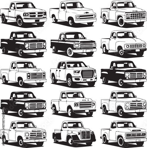 Collection of various pickup trucks in black and white illustrations